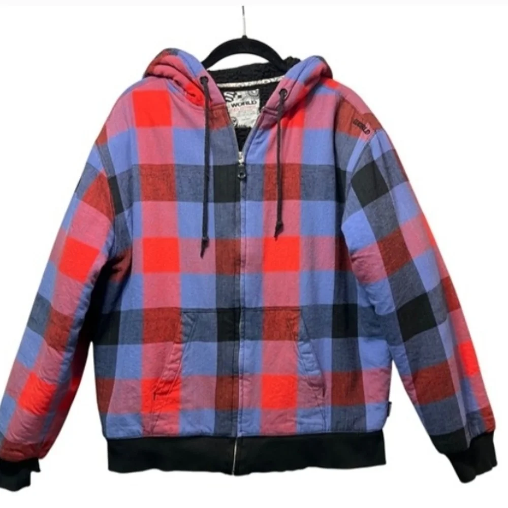 Y2K Checkered Plaid Flannel Hooded Sherpa Lined Jacket Skater Streetwear